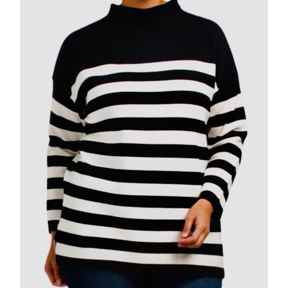 Max Studio Striped Pullover Sweater Woman's 1X Mock Neck Side Slit